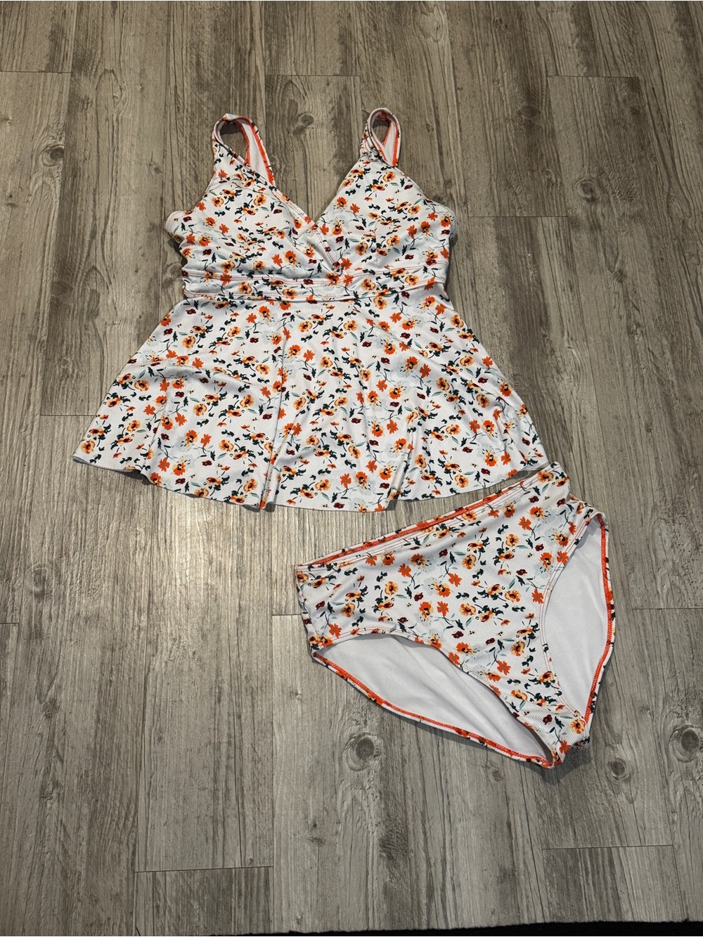 White & Orange Floral Tankini Swim Set with High-Waist Bottoms 1XL